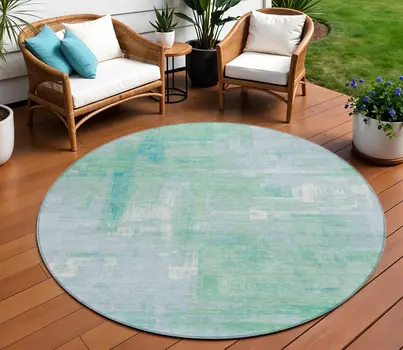 8' Sky Blue And Blue Round Abstract Washable Indoor Outdoor Area Rug