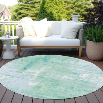 8' Sky Blue And Blue Round Abstract Washable Indoor Outdoor Area Rug