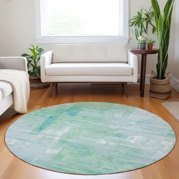 8' Sky Blue And Blue Round Abstract Washable Indoor Outdoor Area Rug