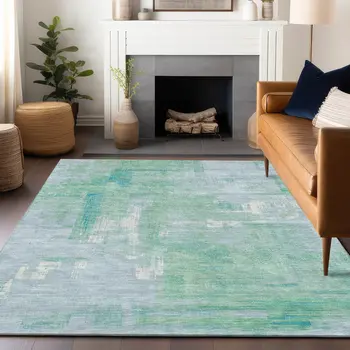 10' X 14' Sky Blue And Blue Abstract Washable Indoor Outdoor Area Rug