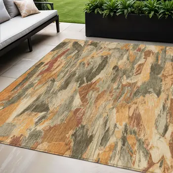 5' X 8' Copper And Orange Abstract Washable Indoor Outdoor Area Rug