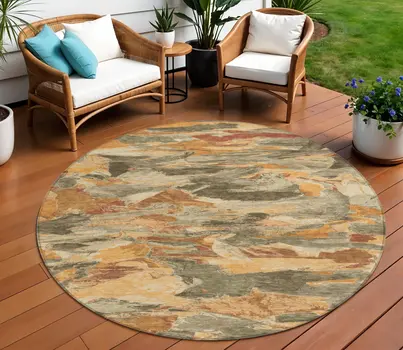 8' Copper And Orange Round Abstract Washable Indoor Outdoor Area Rug