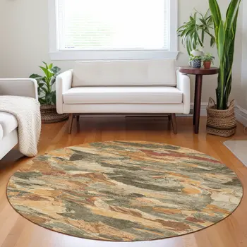 8' Copper And Orange Round Abstract Washable Indoor Outdoor Area Rug