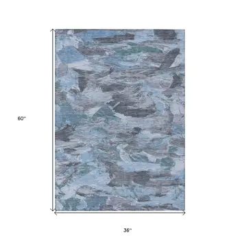 3' X 5' Denim Blue And Blue Abstract Washable Indoor Outdoor Area Rug