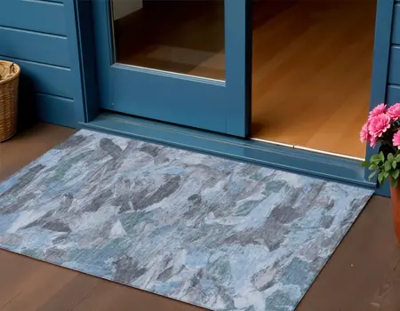 3' X 5' Denim Blue And Blue Abstract Washable Indoor Outdoor Area Rug