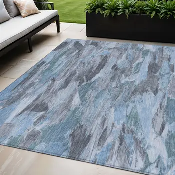 5' X 8' Denim Blue And Blue Abstract Washable Indoor Outdoor Area Rug