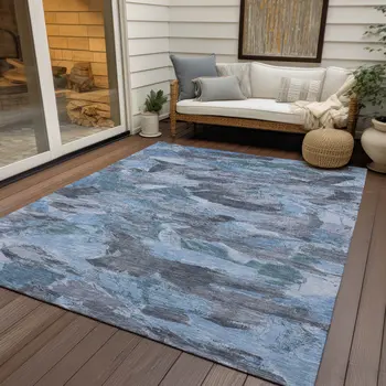 5' X 8' Denim Blue And Blue Abstract Washable Indoor Outdoor Area Rug