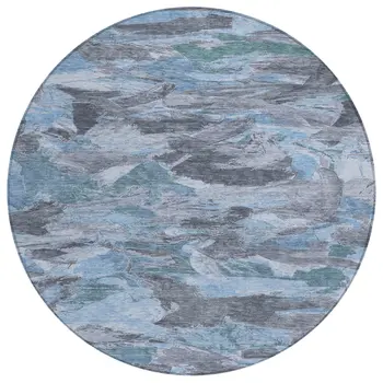 8' Denim Blue And Blue Round Abstract Washable Indoor Outdoor Area Rug