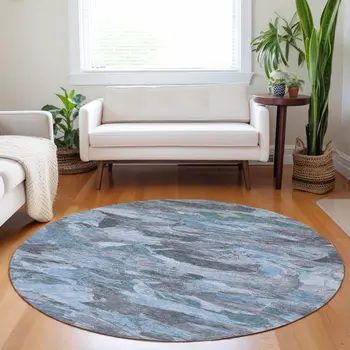 8' Denim Blue And Blue Round Abstract Washable Indoor Outdoor Area Rug