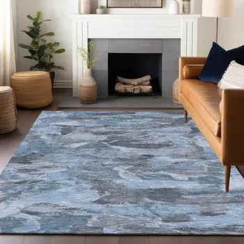 8' X 10' Denim Blue And Blue Abstract Washable Indoor Outdoor Area Rug