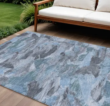 9' X 12' Denim Blue And Blue Abstract Washable Indoor Outdoor Area Rug