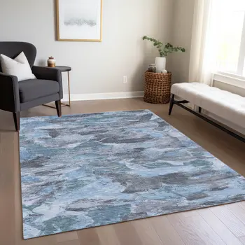 10' X 14' Denim Blue And Blue Abstract Washable Indoor Outdoor Area Rug