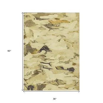 3' X 5' Gold And Beige Abstract Washable Indoor Outdoor Area Rug