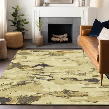 5' X 8' Gold And Beige Abstract Washable Indoor Outdoor Area Rug