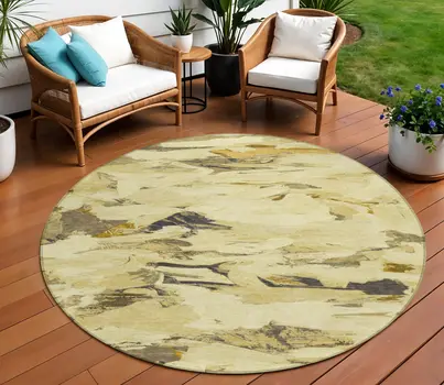 8' Gold And Beige Round Abstract Washable Indoor Outdoor Area Rug