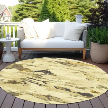 8' Gold And Beige Round Abstract Washable Indoor Outdoor Area Rug