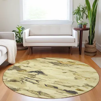 8' Gold And Beige Round Abstract Washable Indoor Outdoor Area Rug