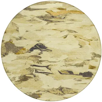 8' Gold And Beige Round Abstract Washable Indoor Outdoor Area Rug