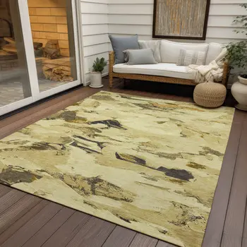 8' X 10' Gold And Beige Abstract Washable Indoor Outdoor Area Rug