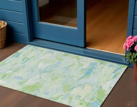 3' X 5' Mint Green And Blue Abstract Washable Indoor Outdoor Area Rug