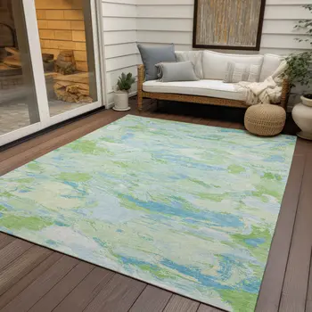 3' X 5' Mint Green And Blue Abstract Washable Indoor Outdoor Area Rug