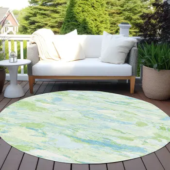 8' Mint Green And Blue Round Abstract Washable Indoor Outdoor Area Rug