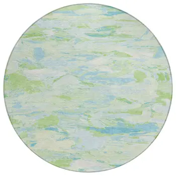 8' Mint Green And Blue Round Abstract Washable Indoor Outdoor Area Rug