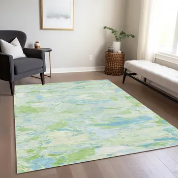 8' X 10' Mint Green And Blue Abstract Washable Indoor Outdoor Area Rug