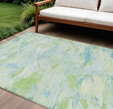 10' X 14' Mint Green And Blue Abstract Washable Indoor Outdoor Area Rug
