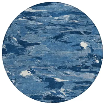 8' Navy Blue And Blue Round Abstract Washable Indoor Outdoor Area Rug