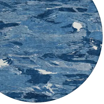 8' Navy Blue And Blue Round Abstract Washable Indoor Outdoor Area Rug