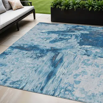5' X 8' Denim Blue And Blue Abstract Washable Indoor Outdoor Area Rug