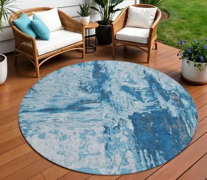 8' Denim Blue And Blue Round Abstract Washable Indoor Outdoor Area Rug
