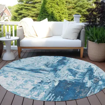 8' Denim Blue And Blue Round Abstract Washable Indoor Outdoor Area Rug