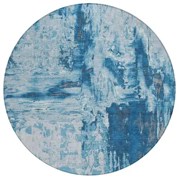 8' Denim Blue And Blue Round Abstract Washable Indoor Outdoor Area Rug