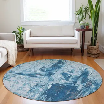 8' Denim Blue And Blue Round Abstract Washable Indoor Outdoor Area Rug