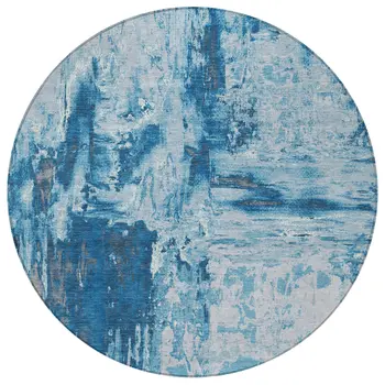 8' Denim Blue And Blue Round Abstract Washable Indoor Outdoor Area Rug