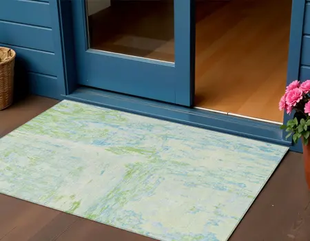 3' X 5' Mint Green And Blue Abstract Washable Indoor Outdoor Area Rug