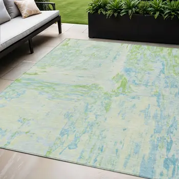 5' X 8' Mint Green And Blue Abstract Washable Indoor Outdoor Area Rug