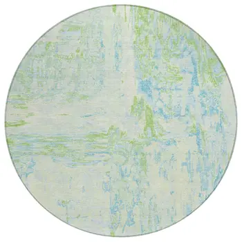 8' Mint Green And Blue Round Abstract Washable Indoor Outdoor Area Rug