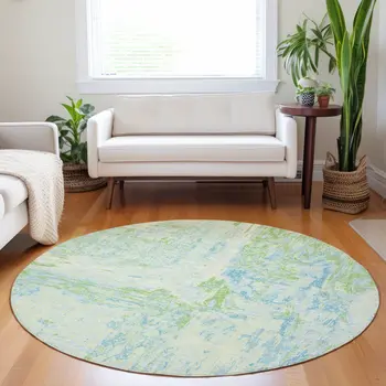 8' Mint Green And Blue Round Abstract Washable Indoor Outdoor Area Rug
