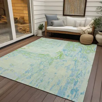 9' X 12' Mint Green And Blue Abstract Washable Indoor Outdoor Area Rug