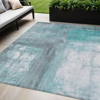 5' X 8' Teal Blue And Denim Blue Abstract Washable Indoor Outdoor Area Rug