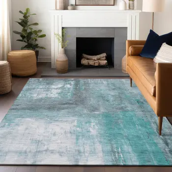 5' X 8' Teal Blue And Denim Blue Abstract Washable Indoor Outdoor Area Rug