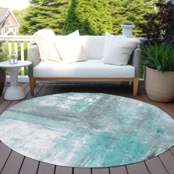 8' Teal Blue And Denim Blue Round Abstract Washable Indoor Outdoor Area Rug