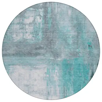 8' Teal Blue And Denim Blue Round Abstract Washable Indoor Outdoor Area Rug