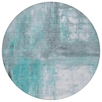 8' Teal Blue And Denim Blue Round Abstract Washable Indoor Outdoor Area Rug