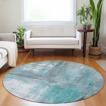 8' Teal Blue And Denim Blue Round Abstract Washable Indoor Outdoor Area Rug