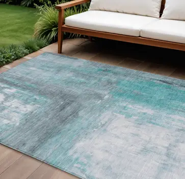 10' X 14' Teal Blue And Denim Blue Abstract Washable Indoor Outdoor Area Rug