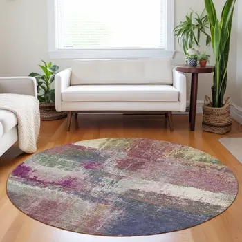 8' Blush And Pink Round Abstract Washable Indoor Outdoor Area Rug